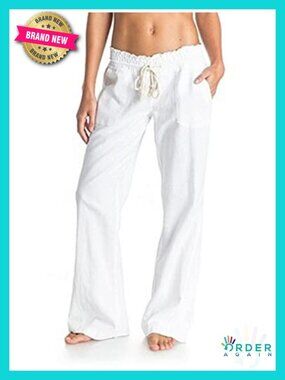 Womens Linen Blend Pants Elastic Drawstring Waist Flared Leg Beach Cover Up